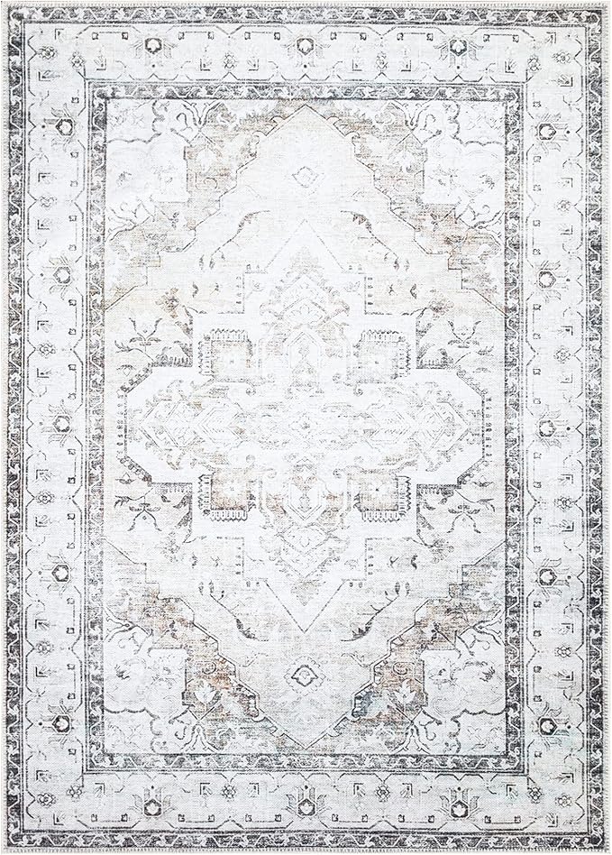 Bloom Rugs Washable Non-Slip 4' x 6' Rug - Brown/Beige/Charcoal Traditional Area Rug for Living Room, Bedroom, Dining Room, and Kitchen - Exact Size: 4' x 6'