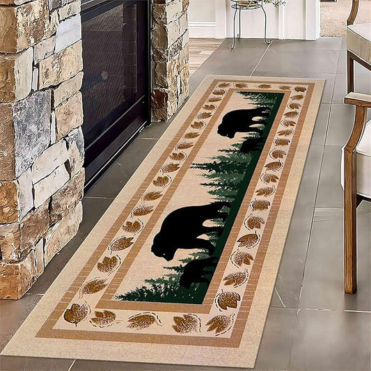 Autumn Rustic Cabin Runner Rug,2.6x10ft,Maple Leaf and Jungle Brown Hallway Rugs,Novelty Farmhouse Bear Style Long Indoor Carpet,Living Room Non-Slip Floor Mat for Laundry Room Entryway