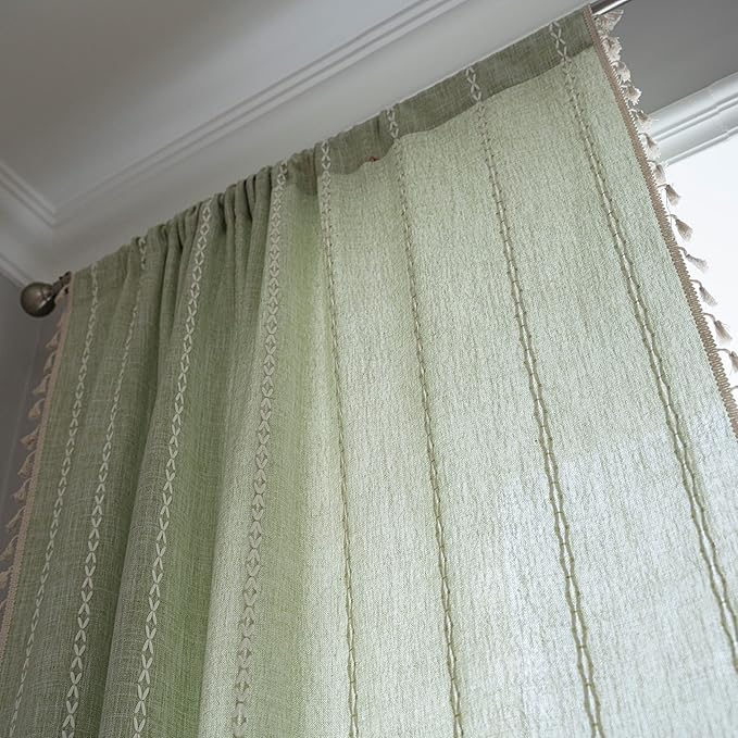 Sutuo Home Sage Green Boho Curtains 72 inch Long for Bedroom Living Room, Semi Blackout Chic Farmhouse Vintage Tassels Window Treatment Bohemian Embroidery Drape, Rod Pocket 1 Panel 52" W x 72" L