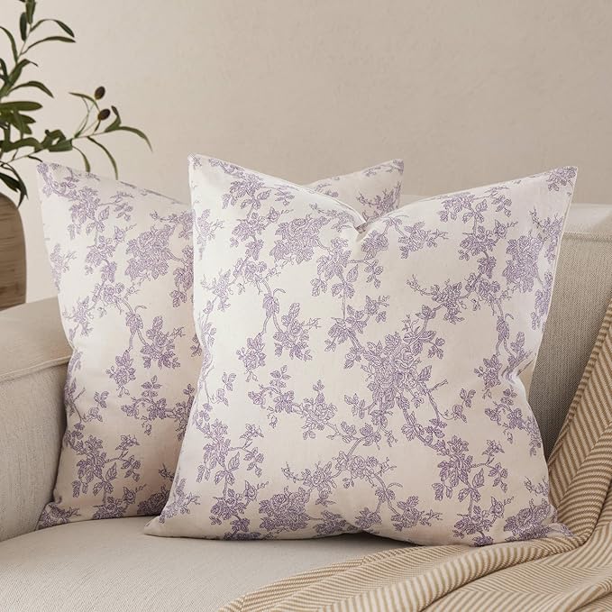 100% Cotton French Pastoral Throw Pillow Covers Set of 2, 24x24 Inch Purple Farmhouse Decorative Cushion Covers for Sofa Bed Living Room Home Decor