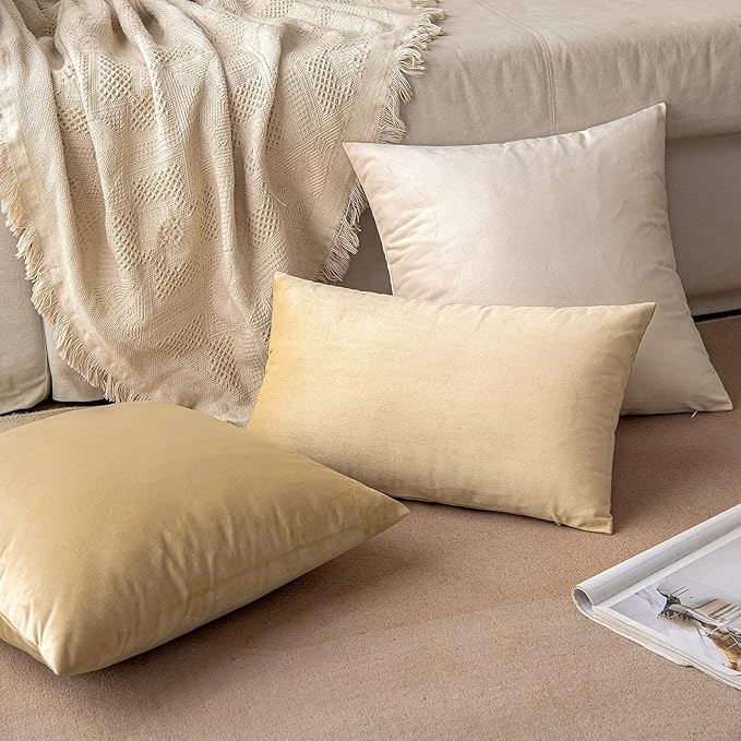 MIULEE Pack of 2 Beige Velvet Throw Pillow Covers 12x20 Inch Soft Solid Decorative Set Lumbar Cushion Cases for Spring Couch Sofa Bedroom