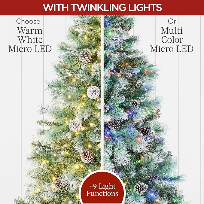 Best Choice Products Full Scotch Pine Christmas Tree, 7.5ft Pre-Lit Frosted Holiday Decor w/ 1,500 Twinkling Micro LED Lights, 2-in-1 White & Multicolor