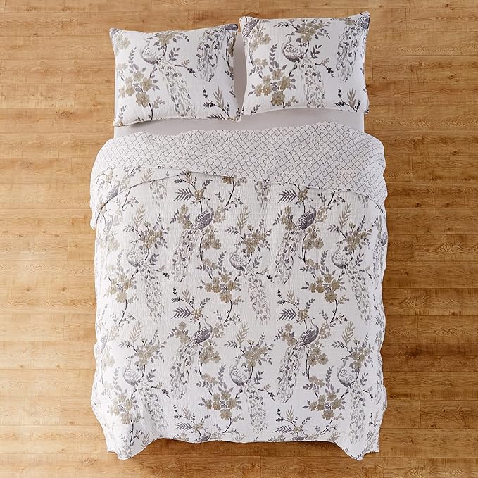 Levtex Home Pisa Reversible Full/Queen Quilt Set (88x92in) with 2 Pillow Shams (26x20in) - Floral Peacock - Grey, Taupe - 100% Cotton Full/Queen Size Quilt Bedding Set - Lightweight, Soft, Pre-Washed