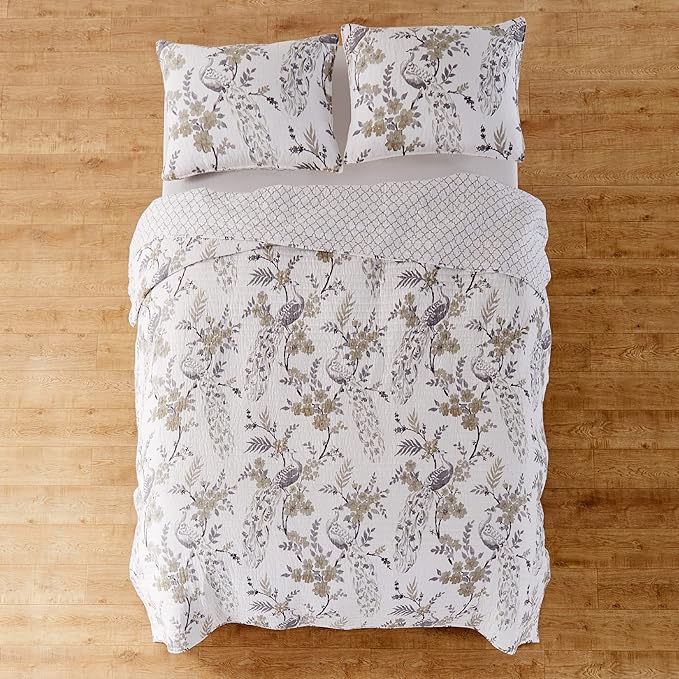 Levtex Home Pisa Reversible Queen Bedspread Set (110x106in) with 2 Pillow Shams (26x20in) - Floral Peacock - Grey, Taupe - Cotton Queen Size Bedspread Set - Lightweight, Soft, Pre-Washed
