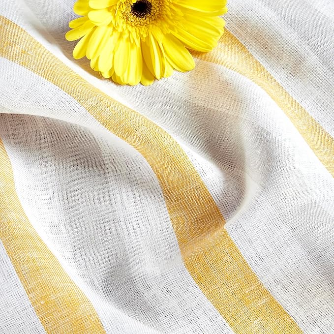 Solino Home Linen Square Tablecloth 52 x 52 Inch - Sorrento Stripe, 100% Pure Linen Yellow and Grey Table Throw - Machine Washable Tablecloth