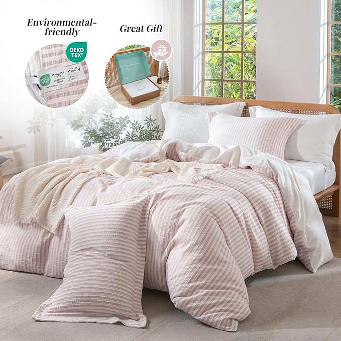 MILDLY Pink Striped Duvet Cover - 100% Washed Cotton Jacquard Boho Textured Comforter Cover 3pcs with Corner Ties Zipper Closure 104"x90"