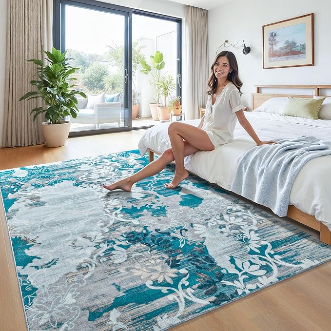 Keeko 8x10 Area Rugs for Living Room,Modern Abstract Floral Pattern Rugs for Bedroom,Soft Washable Rug with Non-Slip Backing Low-Pile Non-Shedding Carpet for Kitchen Home Office Dining Table - Blue