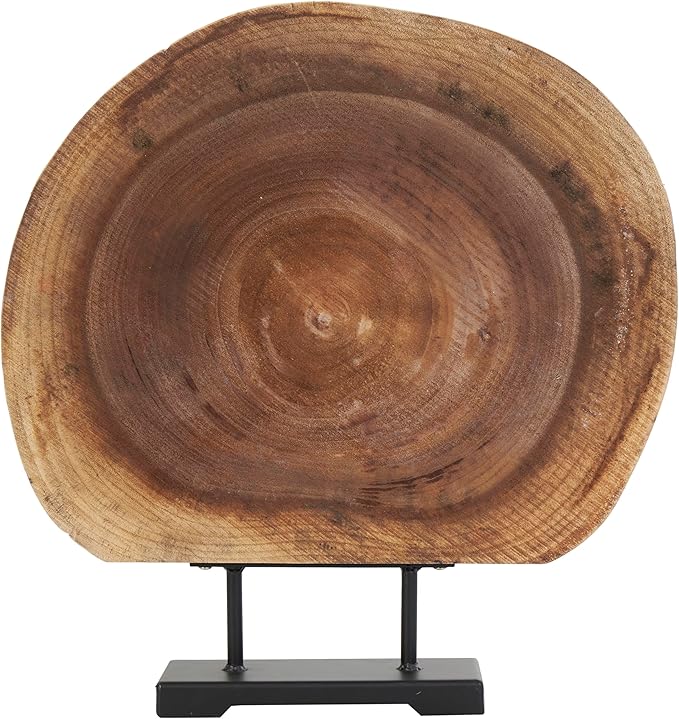 Deco 79 Wood Tree Handmade Decorative Sculpture Circular Slab Home Decor Statue with Black Metal Base, Accent Figurine 21" x 4" x 23", Brown