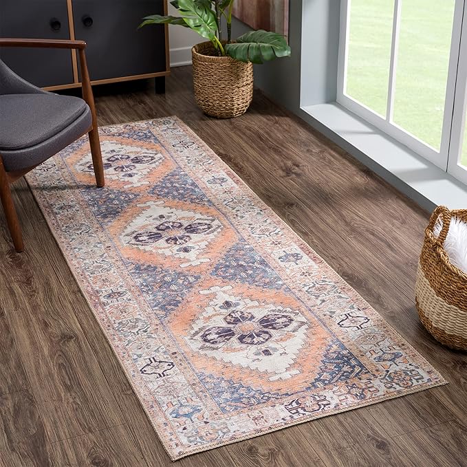 Bloom Rugs Washable 10 ft Runner - Orange/Blue/Beige Traditional Runner for Entryway, Hallway, Bathroom, and Kitchen - Exact Size: 2.5' x 10'