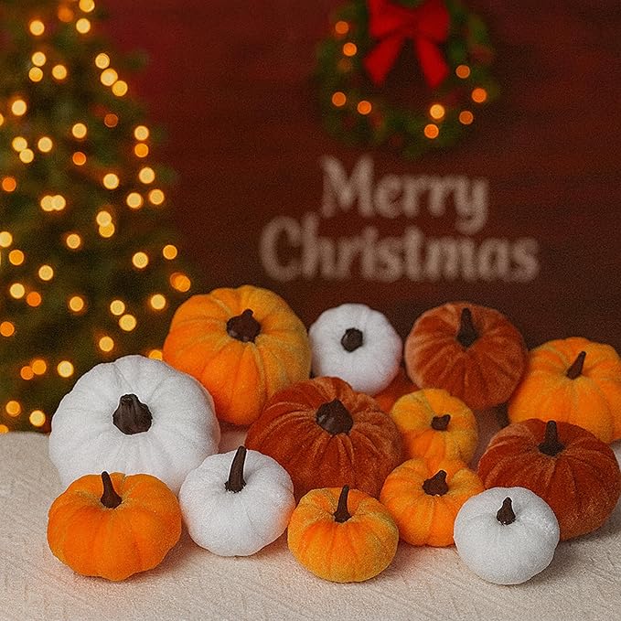 12 Faux Flocked Pumpkins, Perfect for Fall Harvest, Halloween, or Thanksgiving Table Centerpieces(12, Gold, White, and Brick Red)