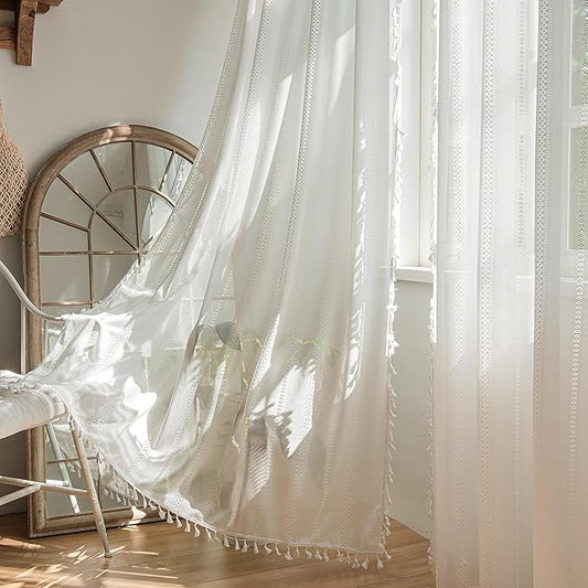Sutuo Home Ivory Boho Curtains 2 Panels 96 Inches Length for Bedroom Living Room Patio, Window Treatments Bohemian Sheer Knitted Crochet Lace Vintage Drapes Pair Tassels, Rod Pocket, 52" x 96"