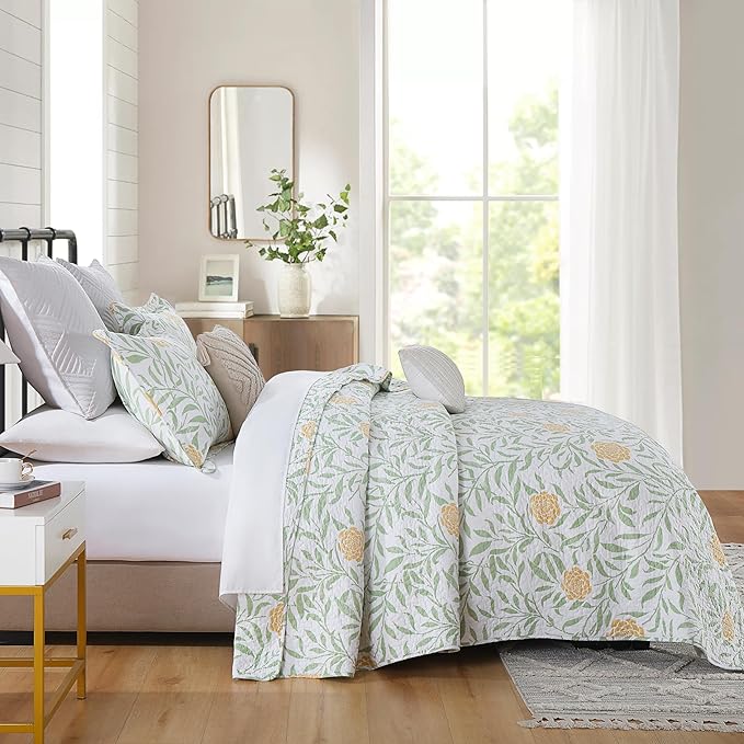 Homzard Floral Quilt King Size - Cotton Green Sage Comforter Set, Farmhouse Floral Leaves Bedspread (106"x98") with 2 Pillow Shams, Lightweight King Quilt Bedding Garden Quilts