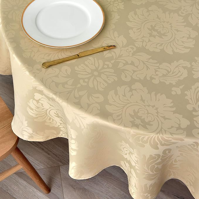 maxmill Round Jacquard Tablecloths Damask Design Spillproof Wrinkle Free Heavy Weight Soft Table Cloth for Circular Table Cover of Buffet Banquet Parties Holiday Dinner Round 90 Inch Beige