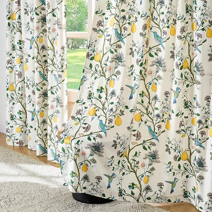 MUSSEL White Velvet Floral Curtains 108 inches for Living Room,Vintage Whimsical Botanical Room Darkening Curtain Drapes,2 Panels Mid Century Art Deco Hummingbird Colorful Window Curtains for Bedroom