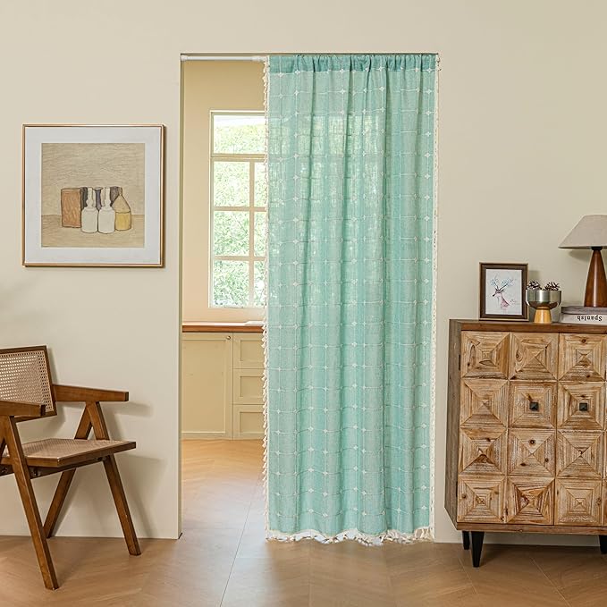 Sutuo Home French Door Curtains for Patio Doorway, Bohemian Semi Blackout Linen Curtains Tassels Farmhouse Strips Checkered Decor Window Treatments, Rod Pocket 1 Panel 37" W x 80" L, Aqua Blue Plaids