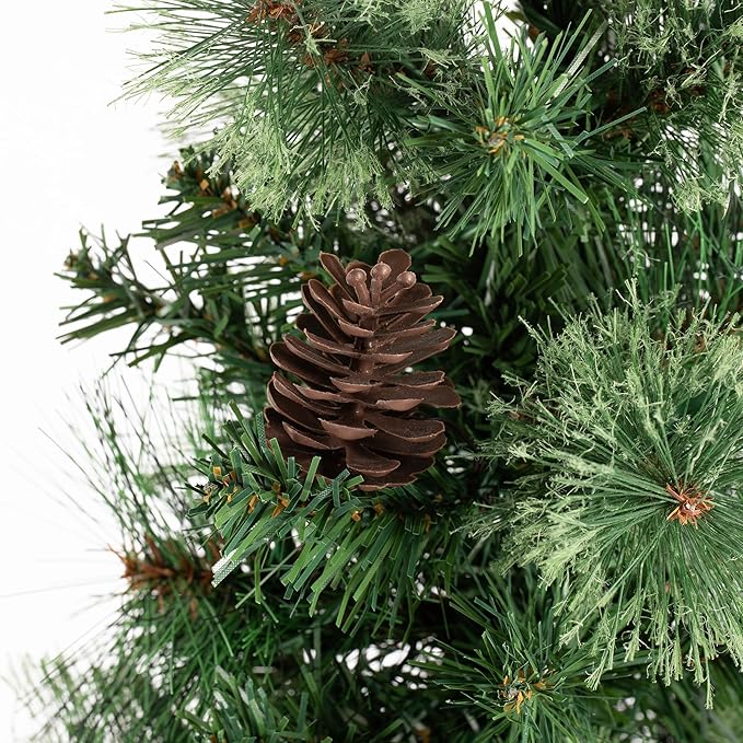 Glitzhome 6ft Prelit Artificial Christmas Tree, Green Cashmere Pine Christmas Porch Tree with pinecones,272 Pine&PVC Branch Tips,130 Warm White/Multi-Color Lights,9 Function w/Remote Control