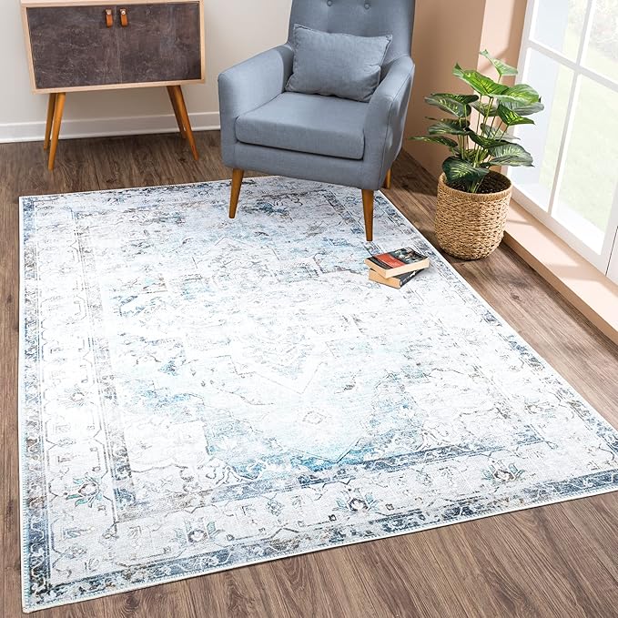 Bloom Rugs Washable Non-Slip 8' x 10' Rug - Beige/Blue Traditional Area Rug for Living Room, Bedroom, Dining Room, and Kitchen - Exact Size: 8' x 10'