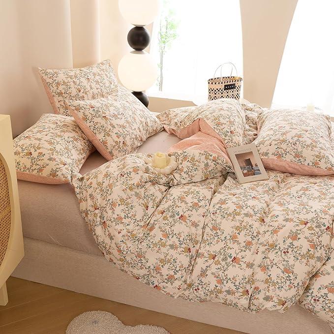 ECOCOTT Reversible Floral Duvet Cover Queen Size – 3 Piece 100% Washed Cotton Bedding Set, Soft Breathable Comforter Cover with Zipper Closure & Corner Ties