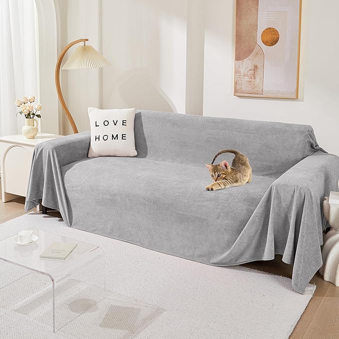 MEETSKY Couch Cover for 3 Cushion Sofa,Cat Scratch Proof Couch Protector Washable Sofa Covers Sectional Couch Covers for Dogs Soft L Shape Sofa Slipcover for Pets Kids, 91" x134”,Light Grey
