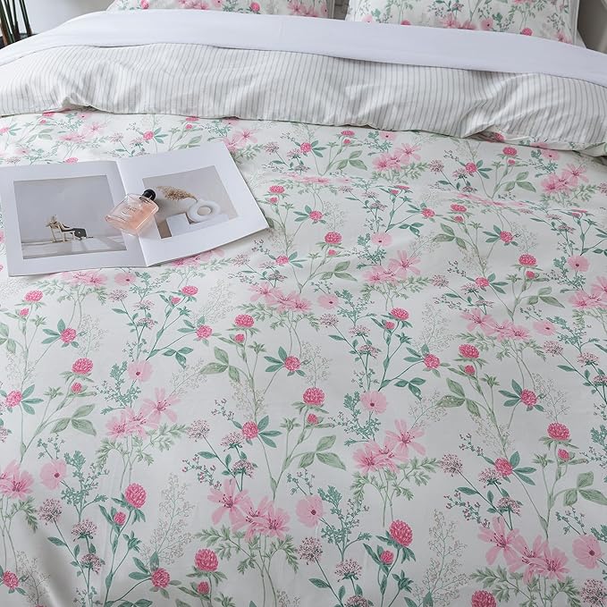 HoneiLife Cotton Duvet Cover King - Botanical Comforter Cover, 3-PC Bedlinen for Set with Zipper Closure & Corner Ties, Sweat-Absorption Comforter Cover Sets, Fuchsia‌