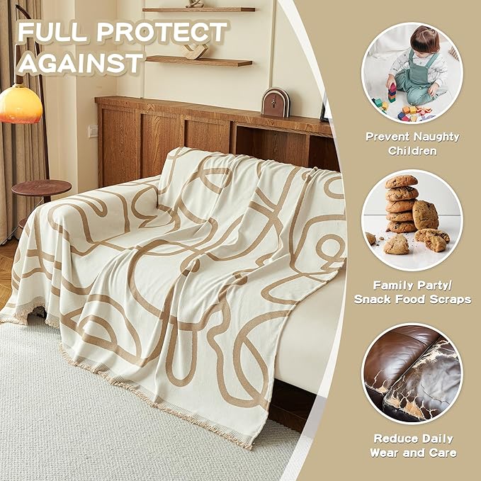 MEETSKY Washable Sofa Cover Boho Geometric Line Chenille Couch Cover for 2 Cushion L Shape Sofa Recliner Sofa Slipcovers with Tassel Thick Couch Protector for Home Decor, 71" x 118", Khaki