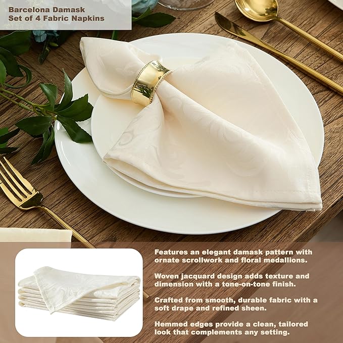 Newbridge Barcelona Luxury Damask Fabric Tablecloth, 90” Round, Antique White, 100% Polyester, No Iron, Soil Resistant Dining Room, Party and Banquet Table Cover
