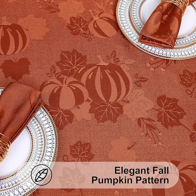 Smiry Rectangle Thanksgiving Tablecloth, 60x102 Inch Fall Waterproof Damask Table Cloth, Pumpkin Fabric Jacquard Table Covers for Harvest Parties, and Holiday Dinner, Terracotta/Rust