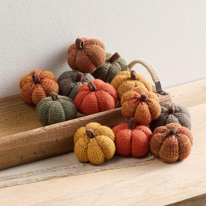 Your Heart's Content Cozy Mini Knit Pumpkin Set of 12 Spiced Orange Green Gold Autumn Table décor, Gift for Friend, Fall Thanksgiving Table (Spiced Maple Full Set)