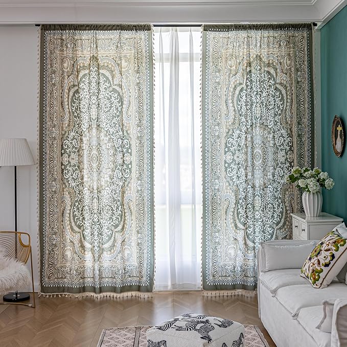 Popular Handicrafts Printed Curtains for Living Room 96 Inches Long Indian Hippie Bohemian Curtains Rod Pocket Light Filtering 2 Panels, Green