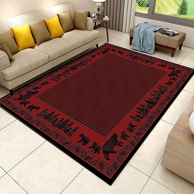 Red and Black Buffalo Plaid Area Rugs, 6x8ft, Rustic Cabin Wildlife Bear Pine Cone Border Accent Rug, Vintage Nordic Lodge Red Floor Rug Non-Skid Carpets for Living Room Bedroom Home Decor