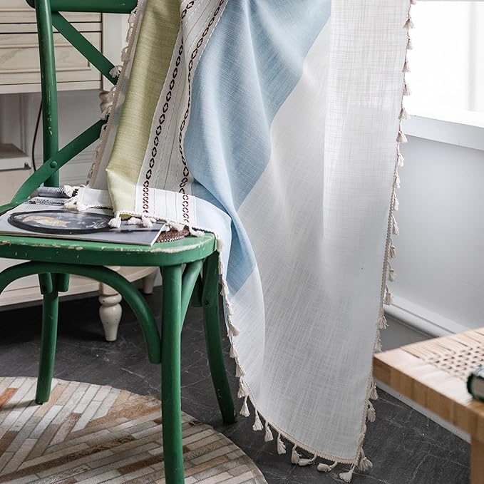 Sutuo Home Boho Curtains 90 inches for Bedroom Living Room,Bohemian Embroidery Drape Semi Blackout Farmhouse Window Treatment with Tassels, Rod Pocket 1 Panel 52" W x 90" L, Green Blue Striped Linen
