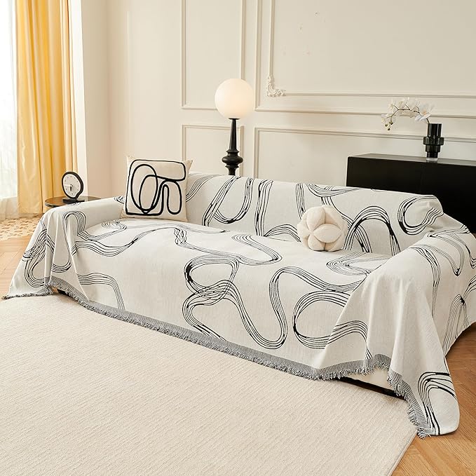 MEETSKY Boho Couch Cover Sofa Covers, Chenille Black Line Couch Covers for 2 Cushion Couch Sofa for Dogs, Washable Slipcover for Cat Sofa Protector with Tassels,71" x 118"