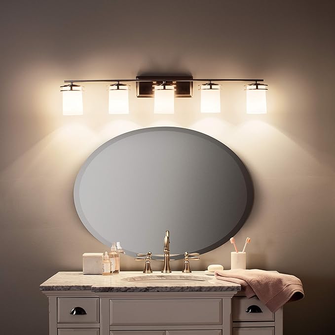 Kichler Hendrik 43" Vanity Light in Brushed Nickel, 5-Light Modern Bathroom Vanity with Satin Etched Cased Opal Glass, (43" W x 7.75" H), 5085NI
