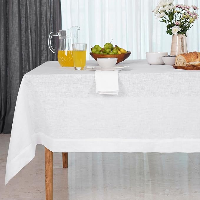 D'Moksha Homes White Tablecloth 60 x 108 Inch - 100% Pure Linen Rectangular Tablecloth - Machine Washable Table Cloth for Fall, Thanksgiving, Christmas, Holiday