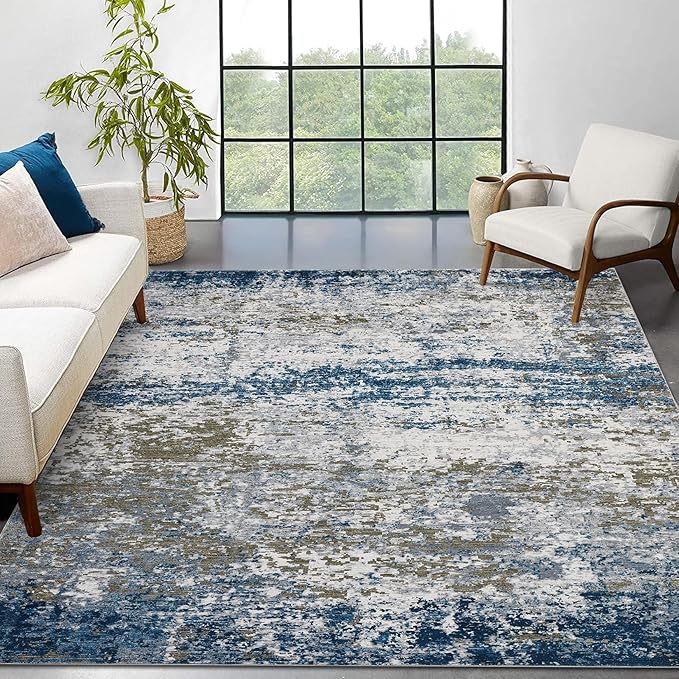 6x9 Modern Abstract Area Rug Non Slip Non Shedding Low Pile Stain Resistant Rug Soft Carpet for Bedroom Living Room, Navy