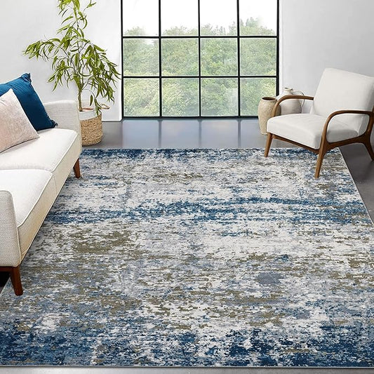 4x6 Modern Abstract Rugs for Living Room Stain Resistant Carpet Ultra Soft Indoor Floor Cover Accent Rug Low Pile Thin Rug for Bedroom Dining Room, Navy