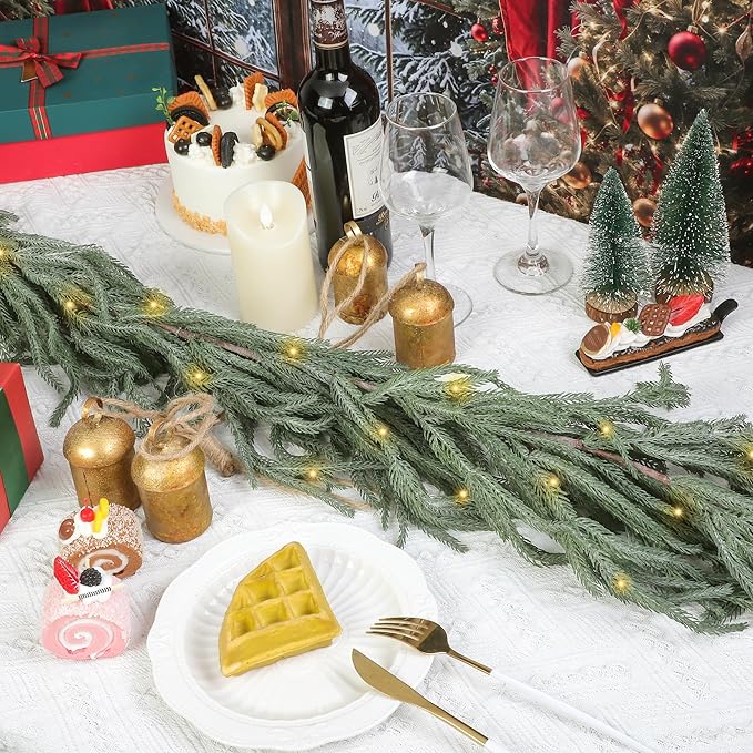 Fovths 1 Pack 6 Feet Christmas Norfolk Garlands Set Artificial Faux Greenery Garland 4 Cow Bell with Jute Hanging Rope Light String Winter Pine Garland for Xmas Indoor Holiday Decor, Green+White