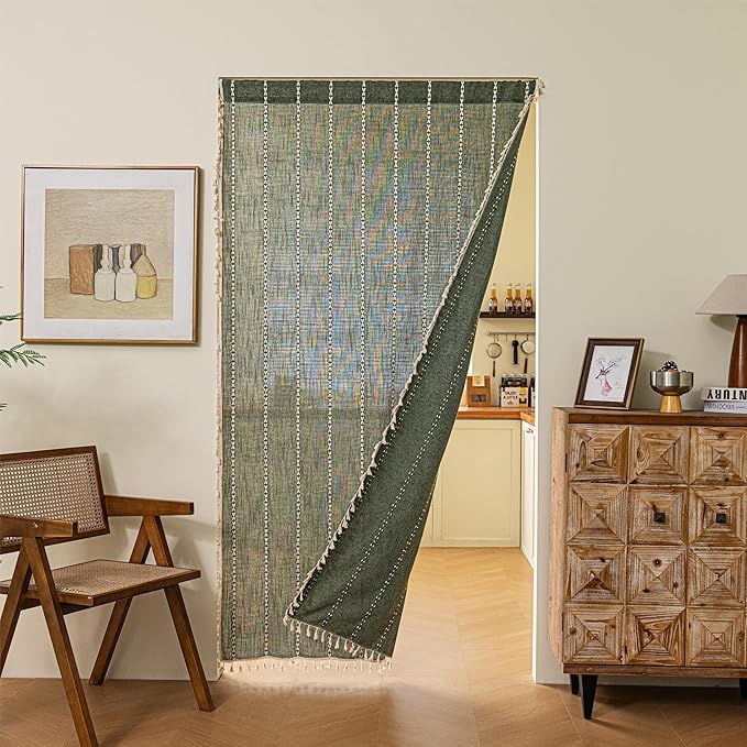 Sutuo Home Boho Door Curtains for Doorway Patio, Bohemian Linen Tassles Light Filtering Christmas Temporary Room Privacy Dividers For Bedroom Living Room, Rod Pocket 1 Panel 37" W x 80" L, Olive Green