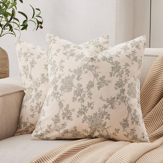 100% Cotton French Pastoral Throw Pillow Covers Set of 2, 16x16 Inch Green Farmhouse Decorative Cushion Covers for Sofa Bed Living Room Home Decor