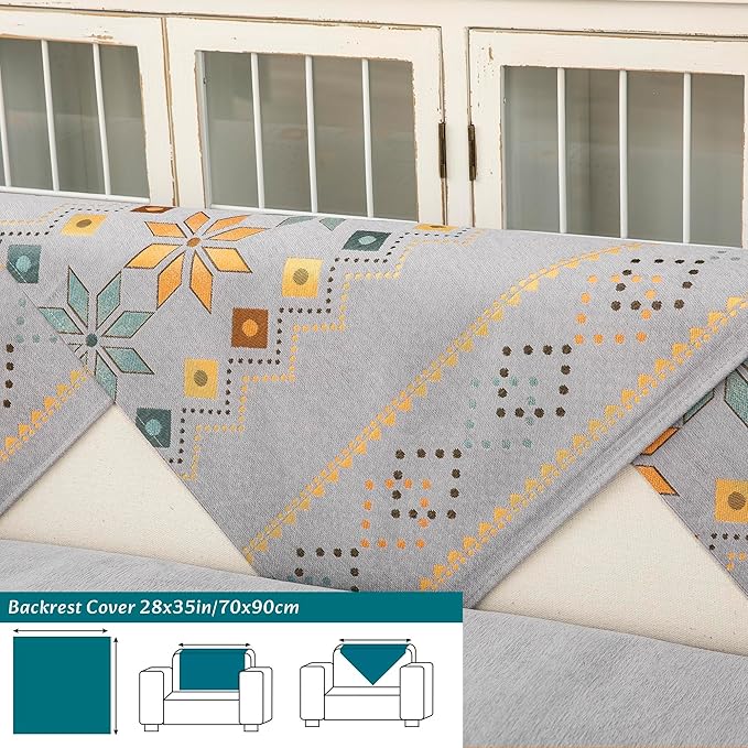 Boho Chenille Couch Covers,Geometric Couch Covers for Sofa,Chenille Couch Cover Non Slip,Sectional l Shaped Sofa Furniture Protector Cover for Home Decor,Gray_Backrest 28x35in/70x90cm