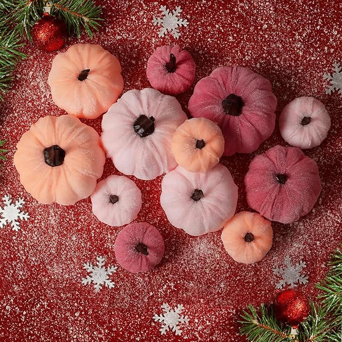 12 Faux Flocked Pumpkins, Perfect for Fall Harvest, Halloween, or Thanksgiving Table Centerpieces(12, Rose red, Purple, and Pink)