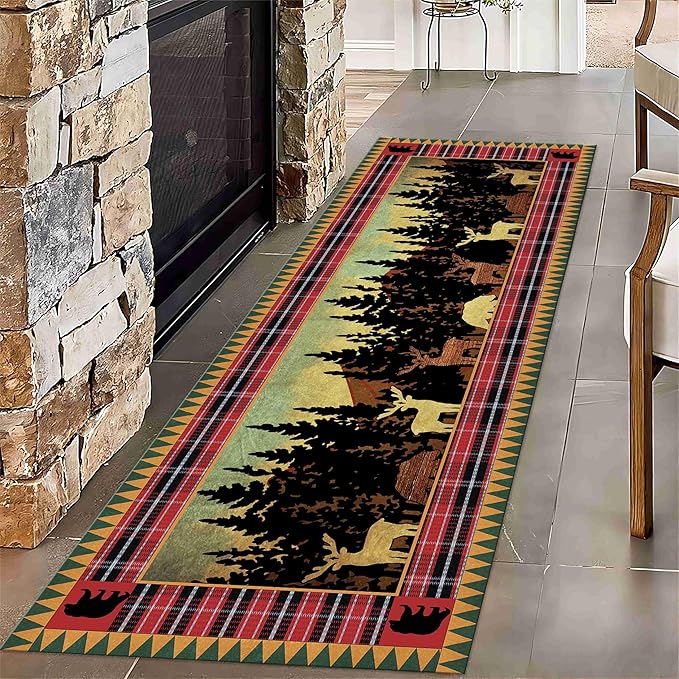 Retro Farmhouse Black Bear Hallway Rug Runners,2.6x7ft,Rustic Cottage Bear Fawn Print Rugs,Reddish Brown Buffalo Check and Geometric Patterns Carpet,Anti-Slip Washable Mat for Family Runner