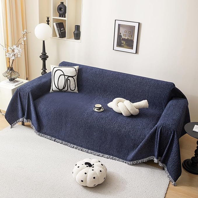 MEETSKY Sectional Sofa Covers Blue Couch Covers for 3 Cushion Couch Sofa Chenille Couch Cover Living Room Multi-Use L Shaped Sofa Slipcovers for Dogs Cats Tassel Edge 91" x 134", Navy