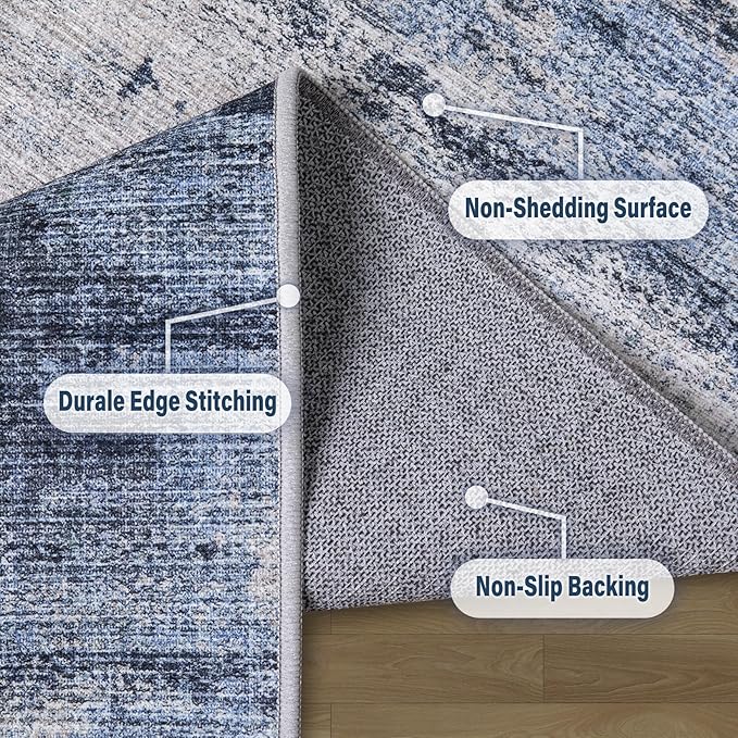 Area Rug Living Room Rugs: 5x8 Rug for Bedroom Machine Washable with Non Slip Backing Non Shedding Abstract Stain Resistant Large Carpet for Dining Room Nursery Home Office - Beige/Blue