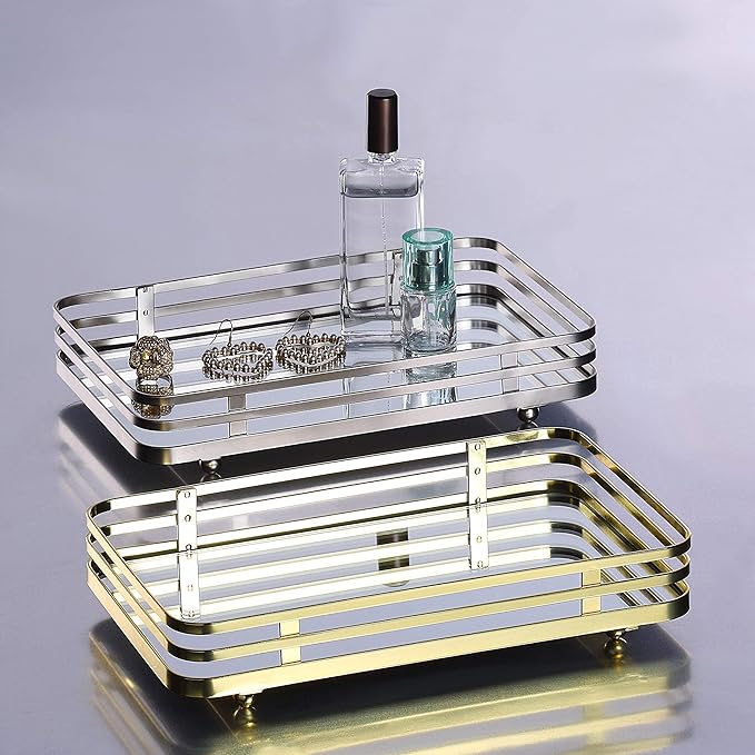 SunnyPoint Classic Decorative Vanity Perfume Dresser Jewelry Organizer Makeup Mirror Tray (Polished Gold)