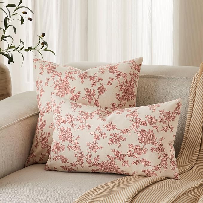 100% Cotton French Pastoral Throw Pillow Covers Set of 2, 22x22 Inch Red Farmhouse Decorative Cushion Covers for Sofa Bed Living Room Home Decor