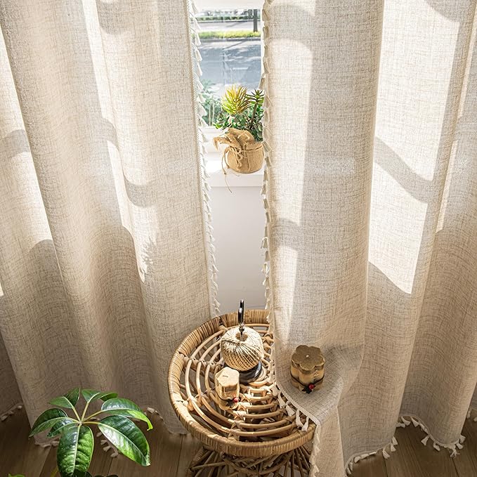 Sutuo Home Boho Curtains 84 Inches Long, Bohemian Linen Style Textured Curtains with Tassels for Bed Room Semi Blackout Farmhouse Drapes, Rod Pocket Window Treatments 2 Panels, 52" x 84", Natural