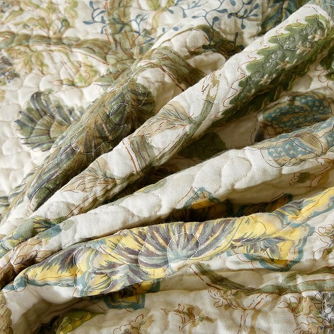 DURLENGEN Forest 100% Cotton King Quilt 3Pcs,Bohemian Reversible Leaves & Flowers Pattern on White, Luxury Lightweight Coverlet Sets for All Season(King 106x96,Forest)