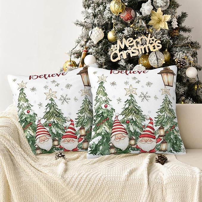 Christmas Pillow Covers 18X18, Christmas Tree and Gnomes Decorative Throw Pillow Covers, Winter Christmas Believe Snowflakes Pillow Cover Pillowcase Cushion Case for Home Sofa Couch Indoor Set of 2