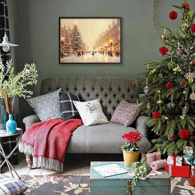 Winter Christmas Landscape Wall Art Fashion Snowscape Poster Vintage Cozy Scenic Canvas Prints 16x24 inch Black Framed for Living Room Office Wall Decor